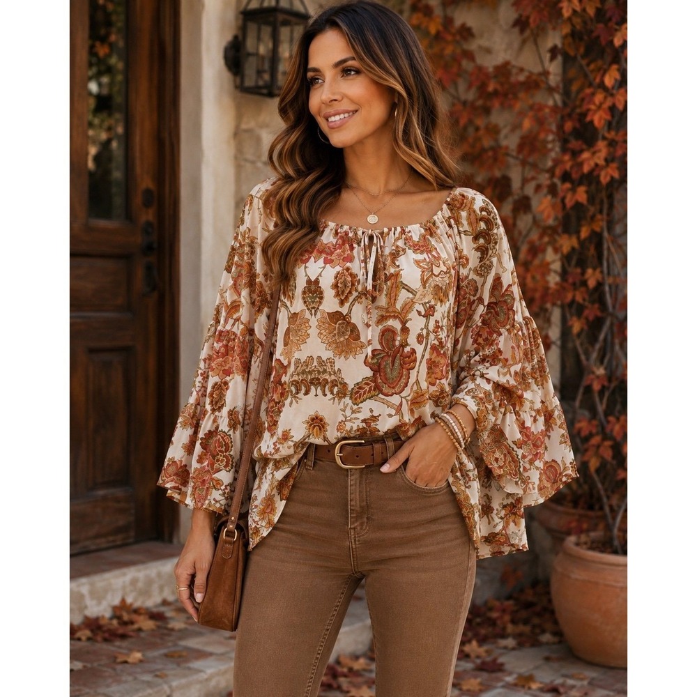 Flying Tomato Floral Boho Bell Sleeve Peasant Blouse Women M Ivory Rust